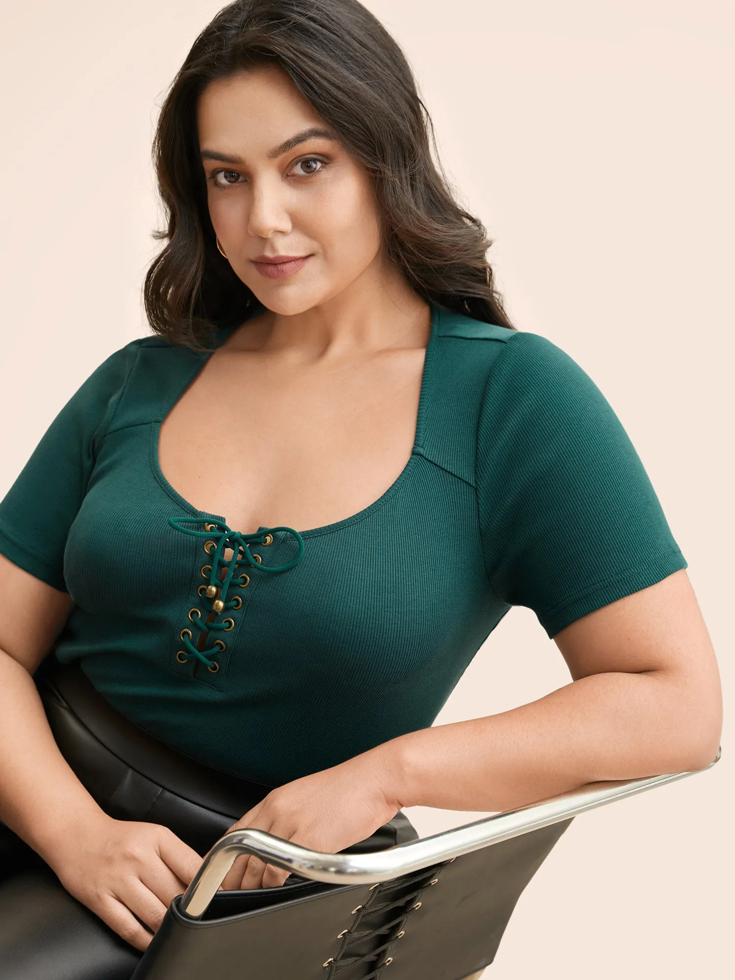 Heart Neckline Texture Lace Up T-shirt sold by Bloomchic product image thumbnail 4