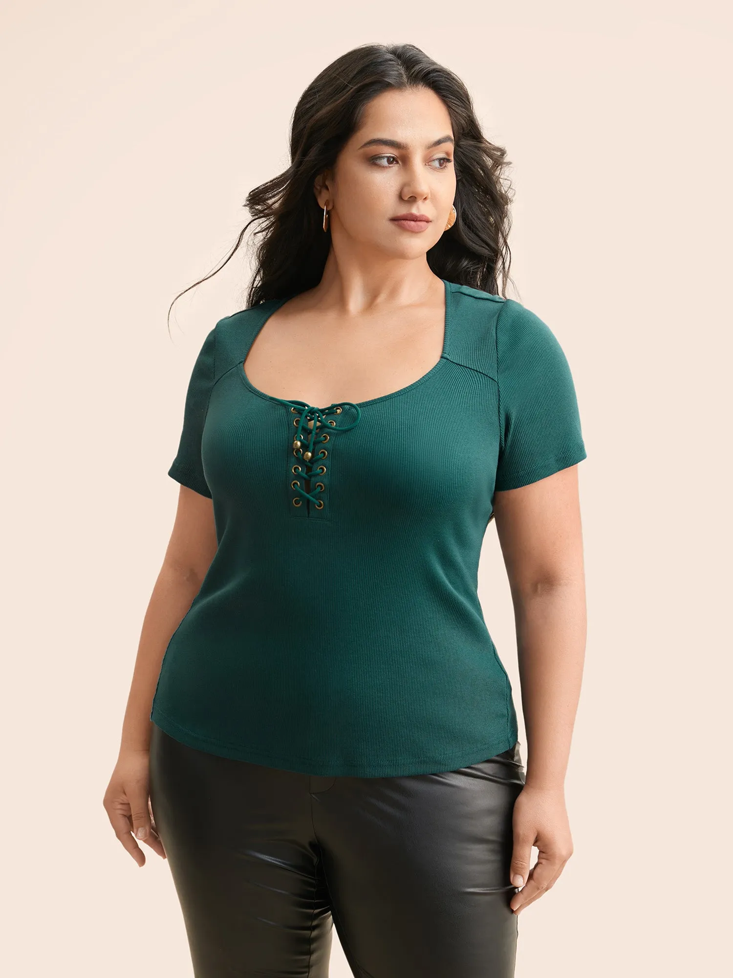 Heart Neckline Texture Lace Up T-shirt sold by Bloomchic