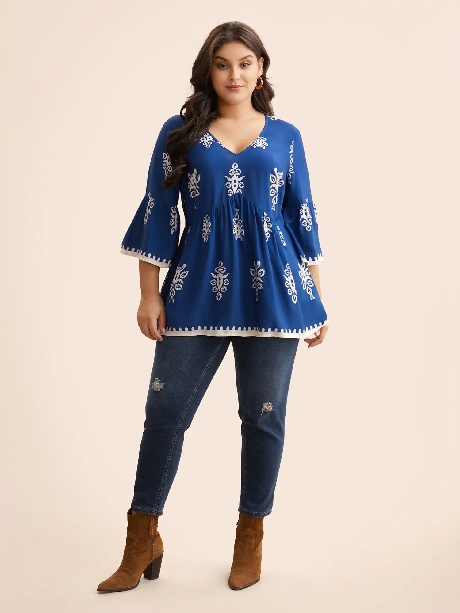 Boho Print V Neck Gathered Blouse sold by Bloomchic product image thumbnail 3