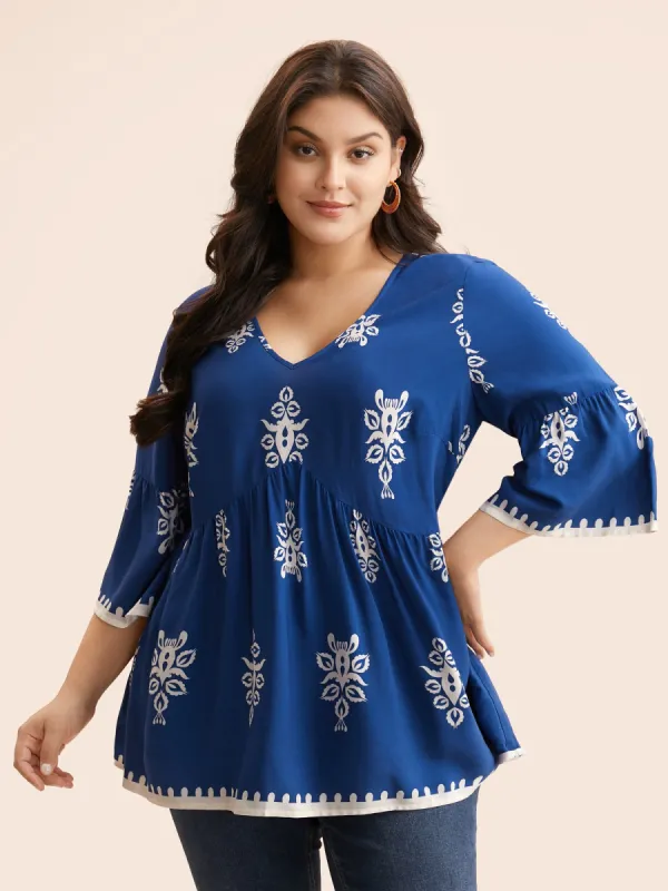 Boho Print V Neck Gathered Blouse sold by Bloomchic