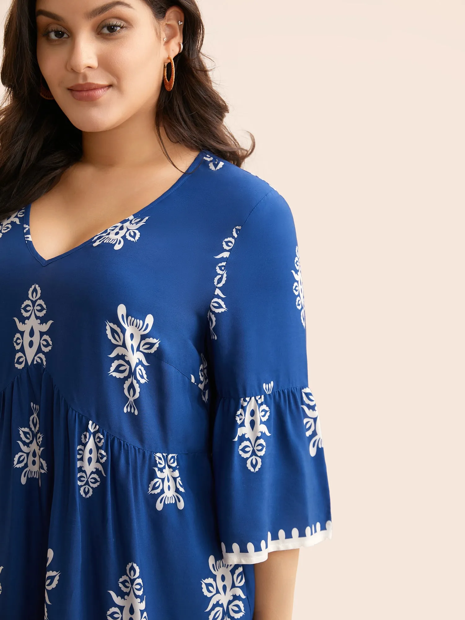 Boho Print V Neck Gathered Blouse sold by Bloomchic product image thumbnail 4