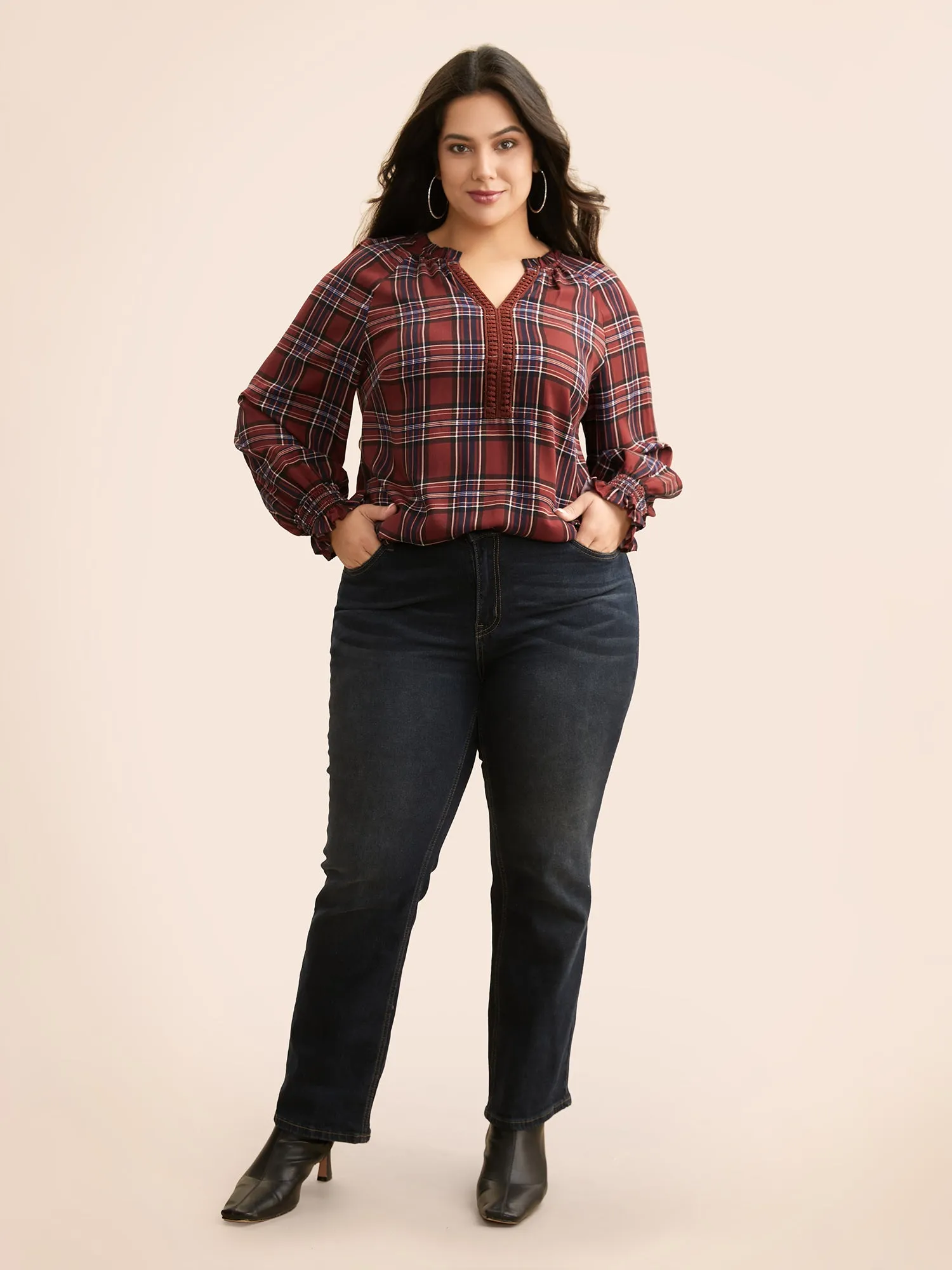 Plaid Contrast Webbing Ruffle Trim Blouse sold by Bloomchic product image thumbnail 2