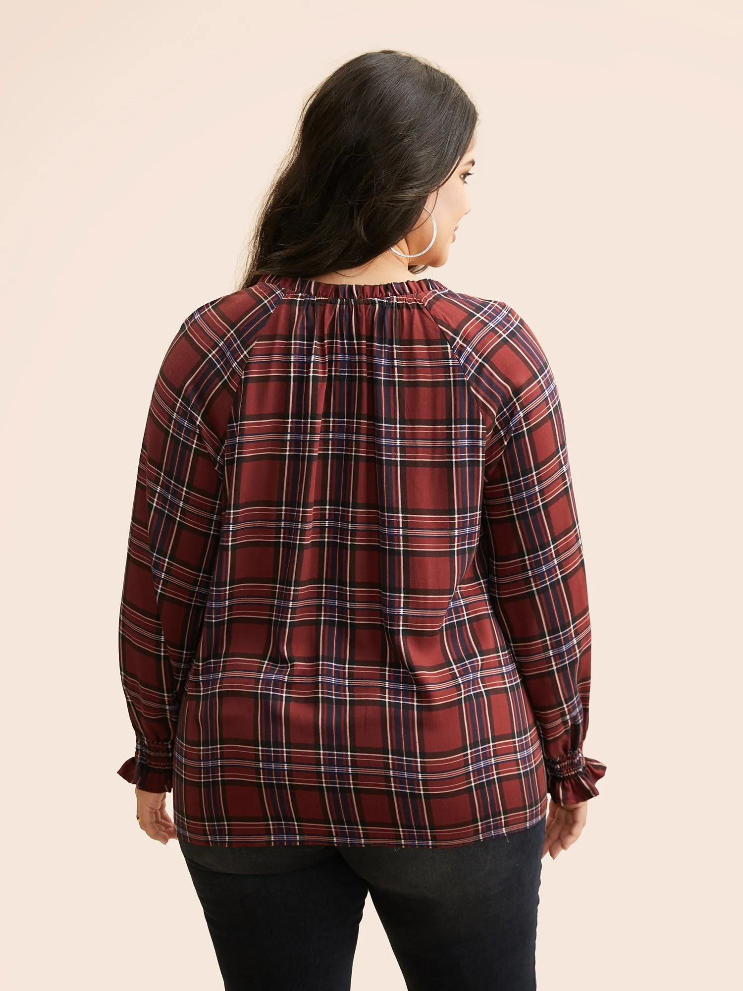 Plaid Contrast Webbing Ruffle Trim Blouse sold by Bloomchic product image thumbnail 3