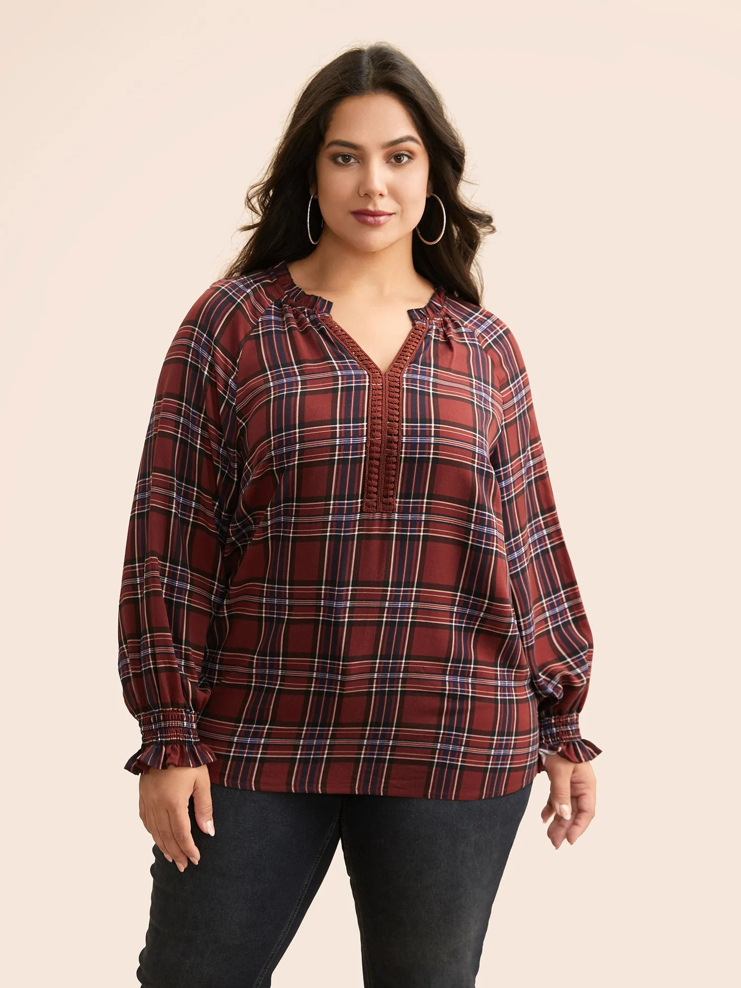 Plaid Contrast Webbing Ruffle Trim Blouse sold by Bloomchic