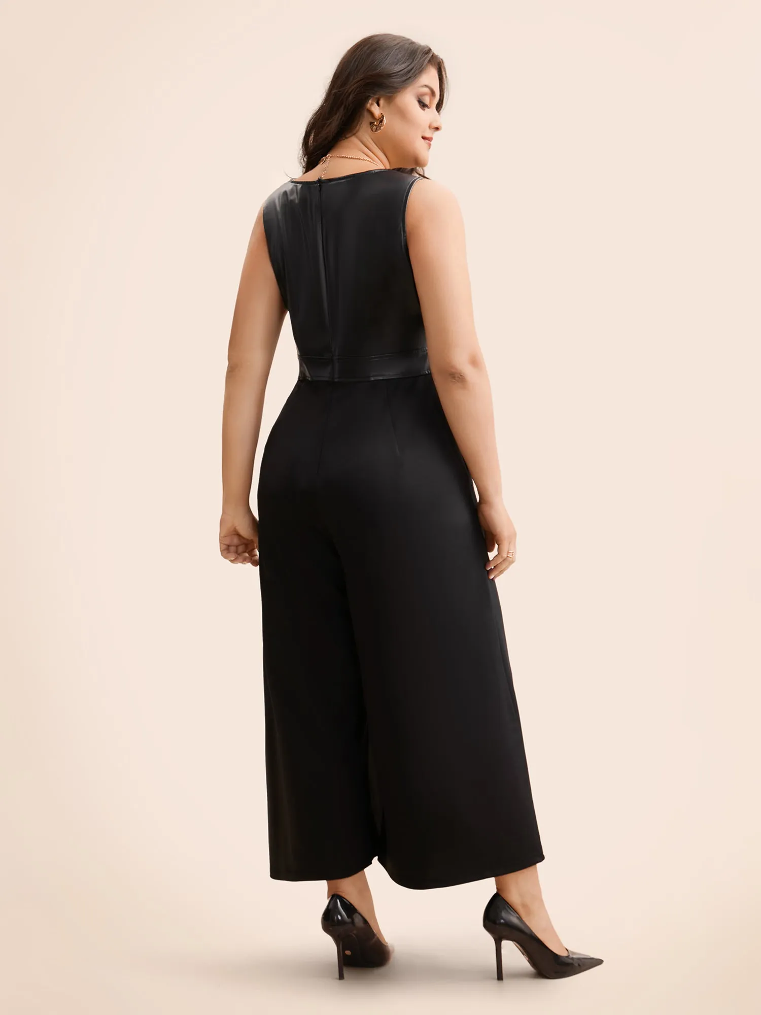 V Neck PU Leather Patchwork Romper sold by Bloomchic product image thumbnail 4