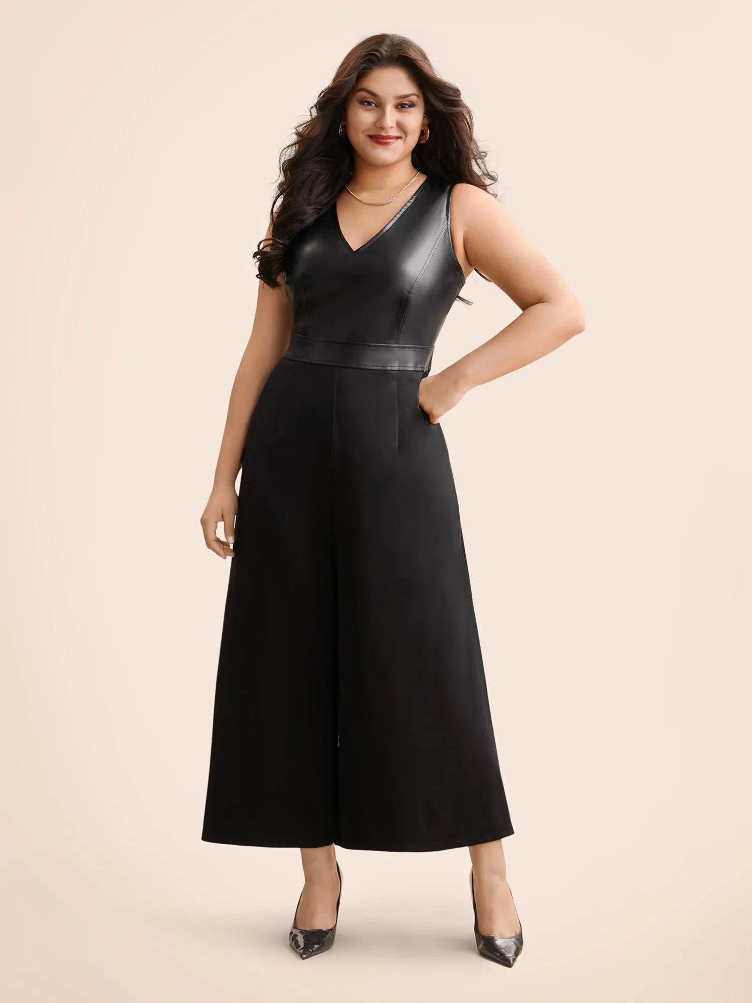 V Neck PU Leather Patchwork Romper sold by Bloomchic product image thumbnail 3