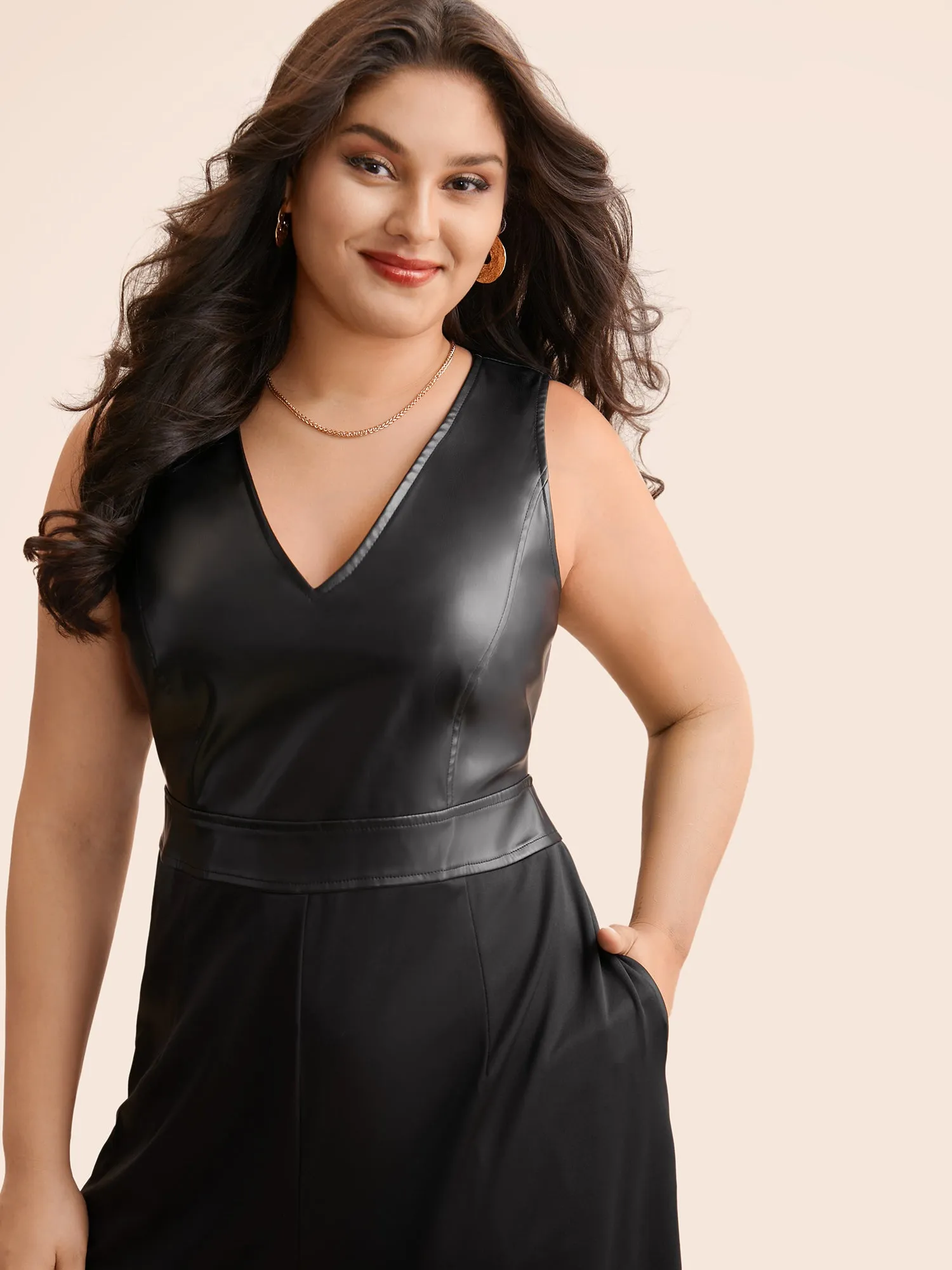 V Neck PU Leather Patchwork Romper sold by Bloomchic product image thumbnail 2