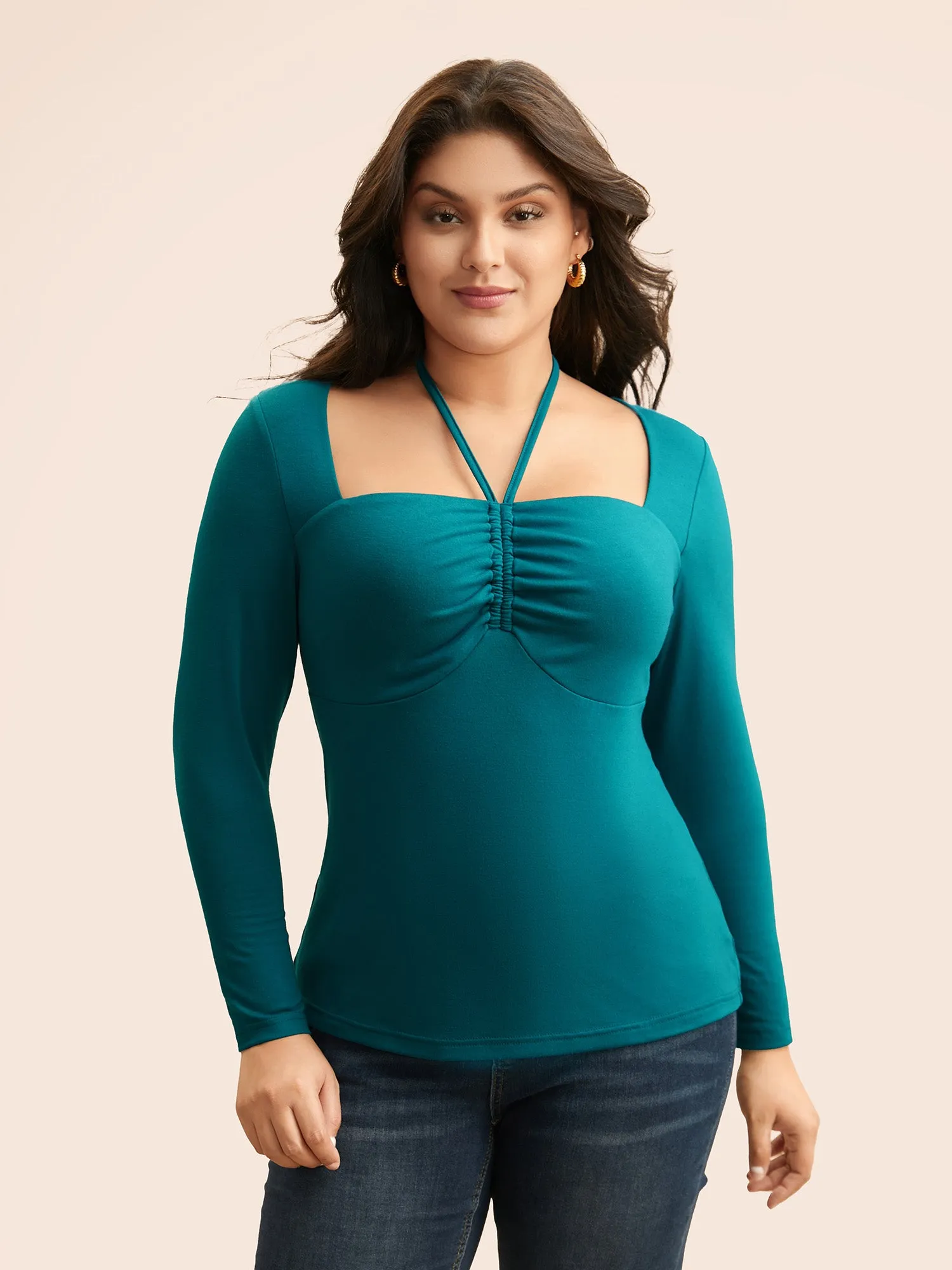 Solid Ruched Tie Knot T-shirt sold by Bloomchic