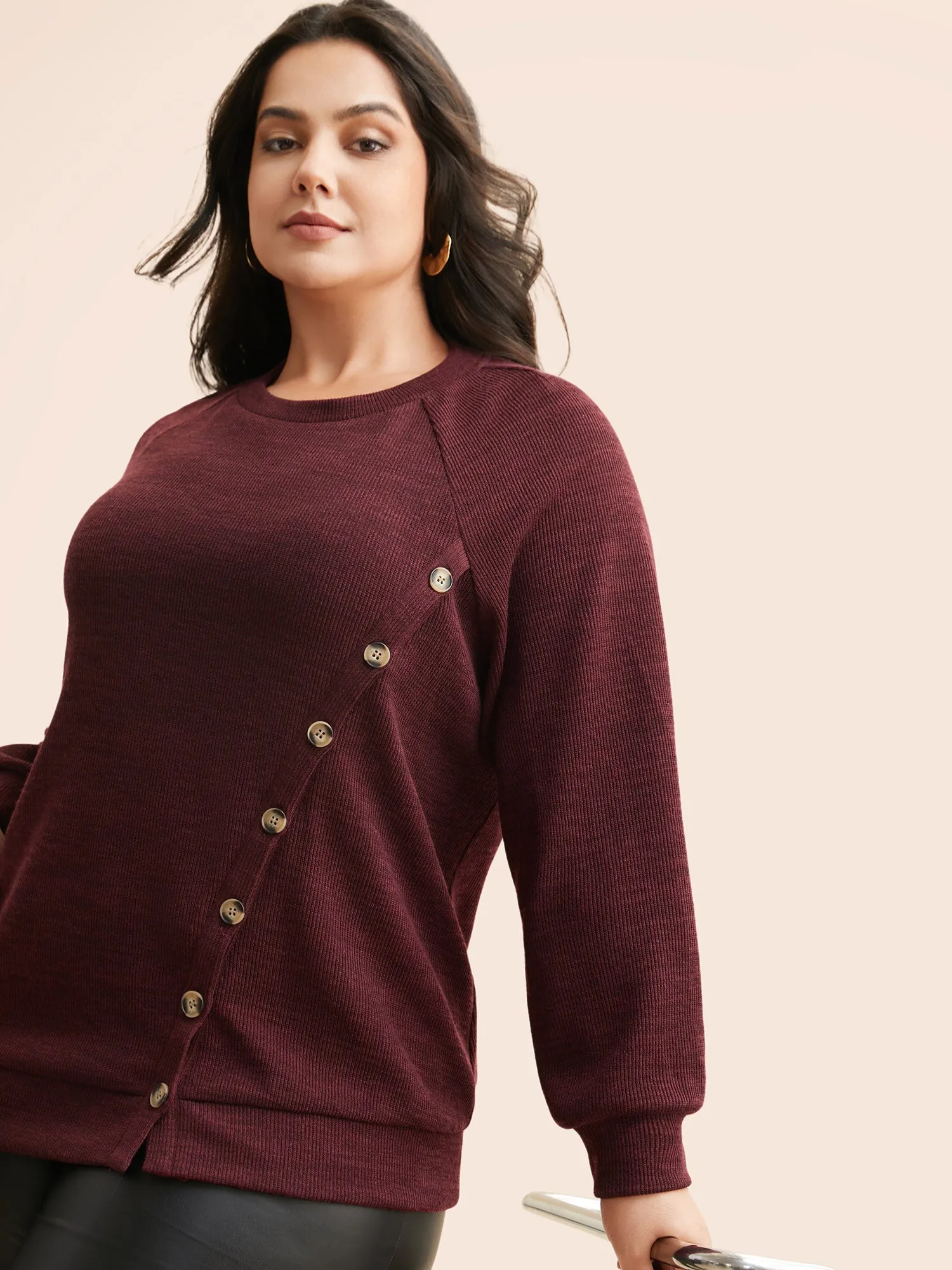 Split Front Button Detail Raglan Sleeve Sweatshirt sold by Bloomchic product image thumbnail 2