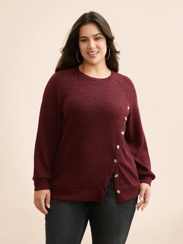 Split Front Button Detail Raglan Sleeve Sweatshirt sold by Bloomchic