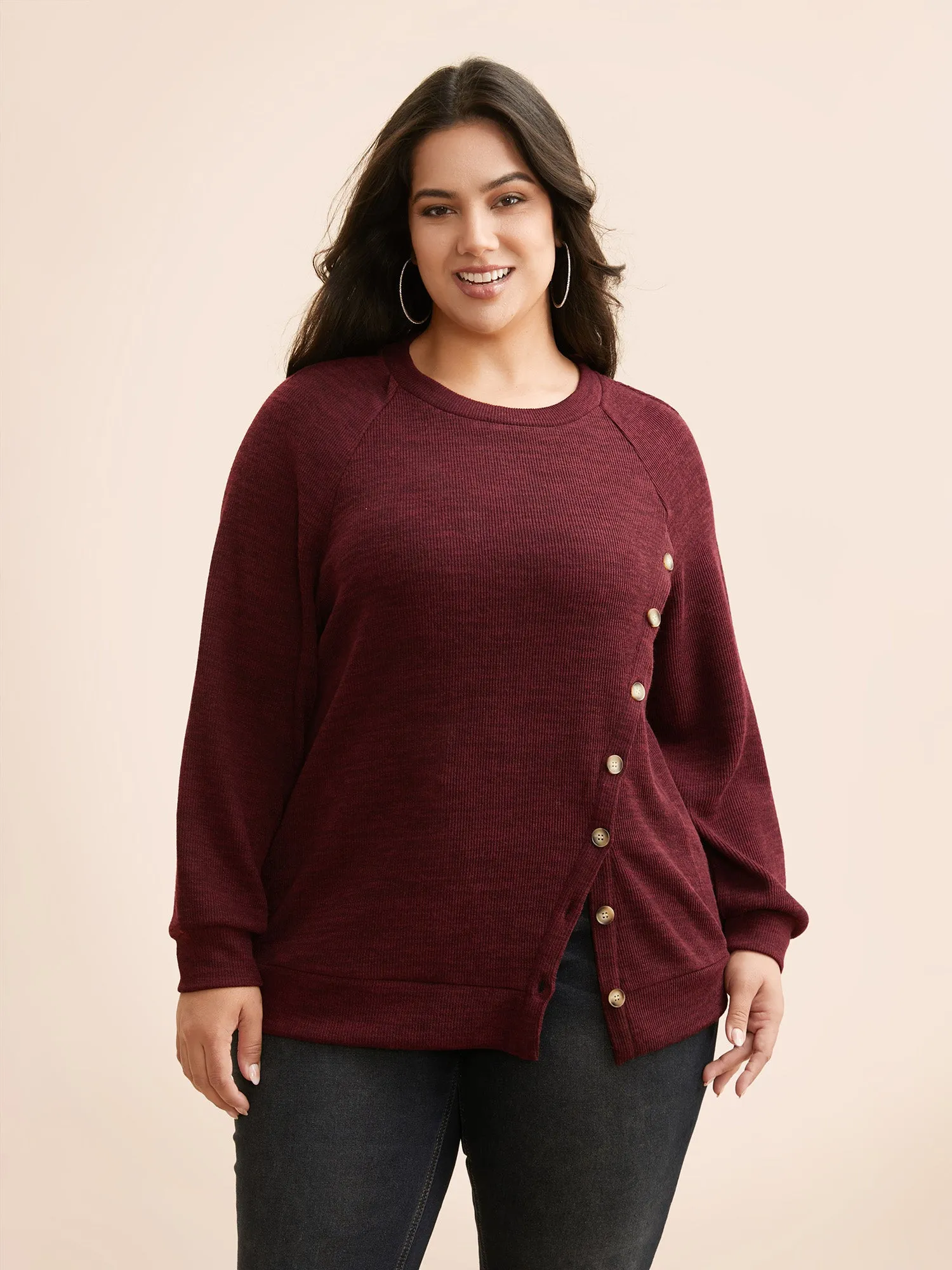 Split Front Button Detail Raglan Sleeve Sweatshirt sold by Bloomchic