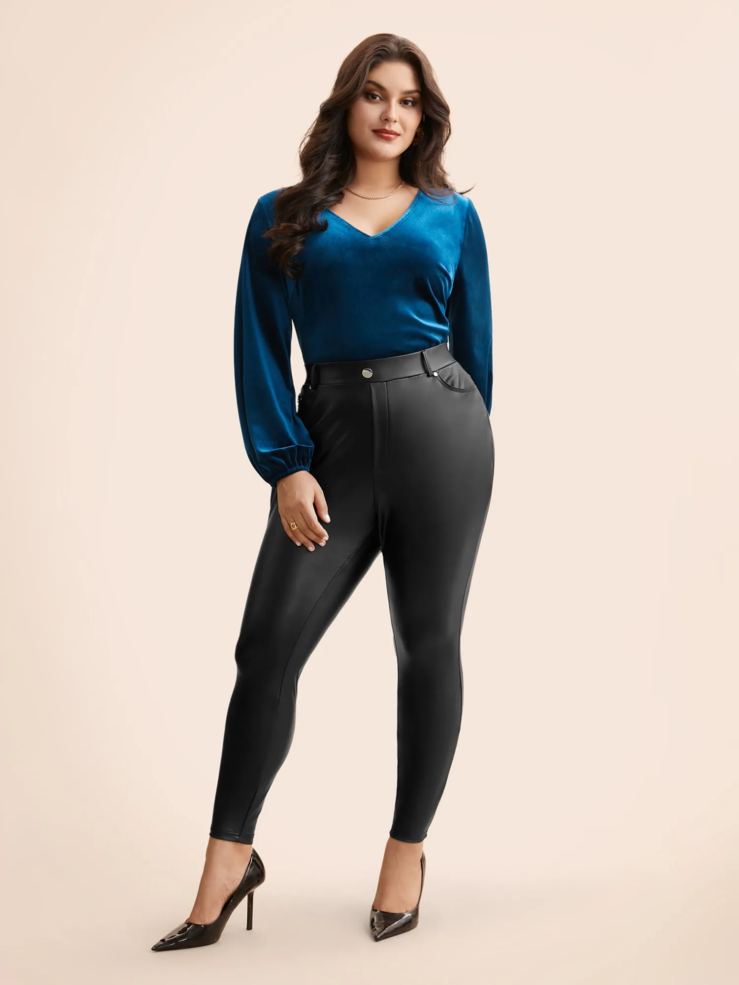 PU Leather Button Detail Mid Rise Pants sold by Bloomchic product image thumbnail 2