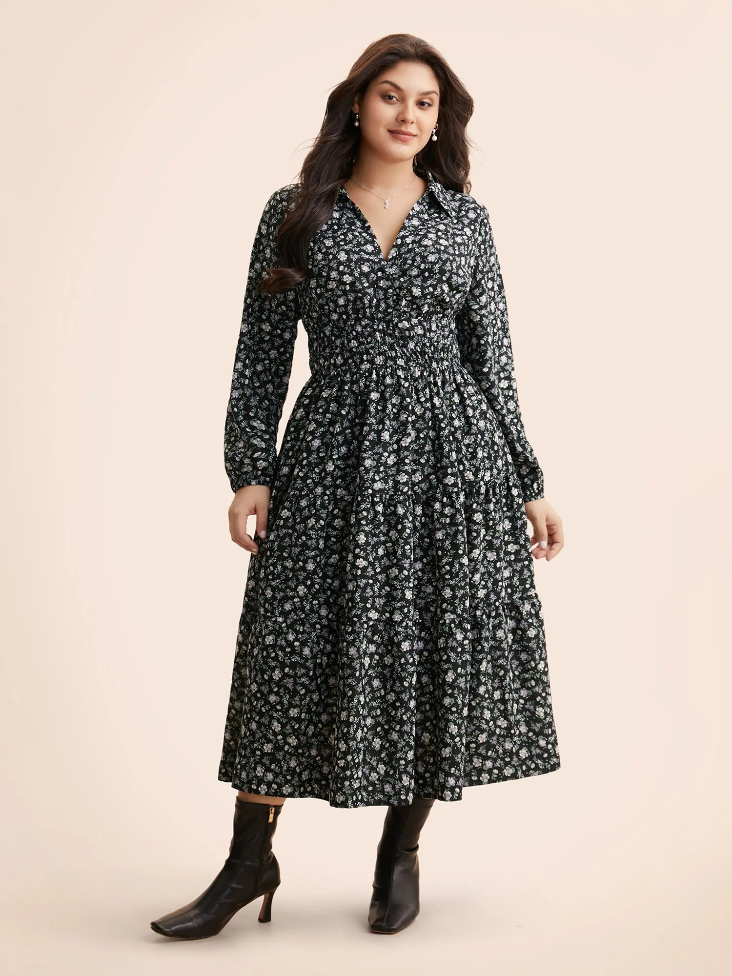 Shirt Collar Ditsy Floral Shirred Dress sold by Bloomchic product image thumbnail 3