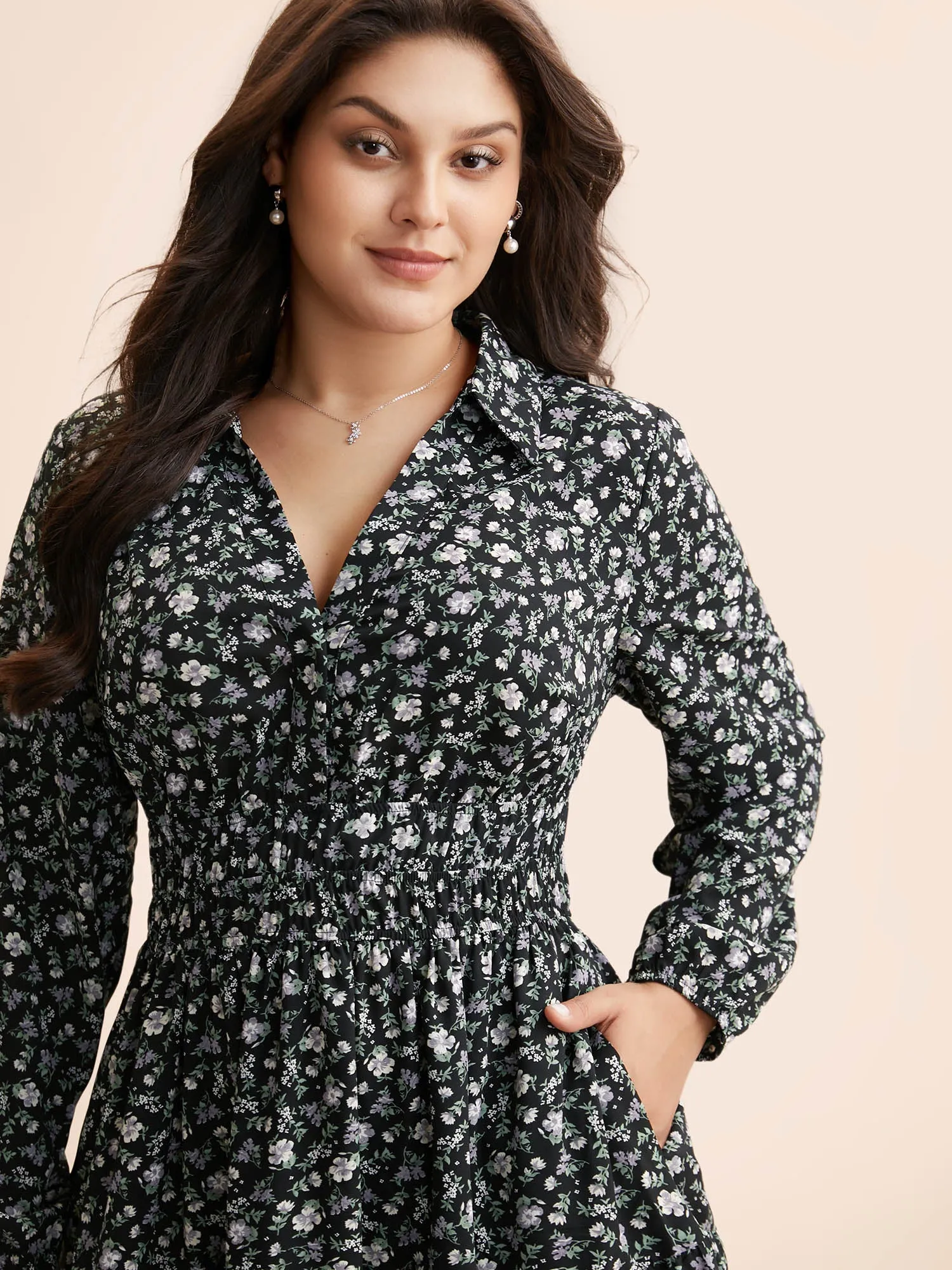 Shirt Collar Ditsy Floral Shirred Dress sold by Bloomchic product image thumbnail 2