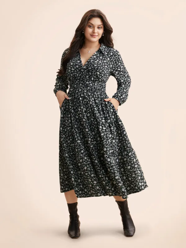 Shirt Collar Ditsy Floral Shirred Dress sold by Bloomchic