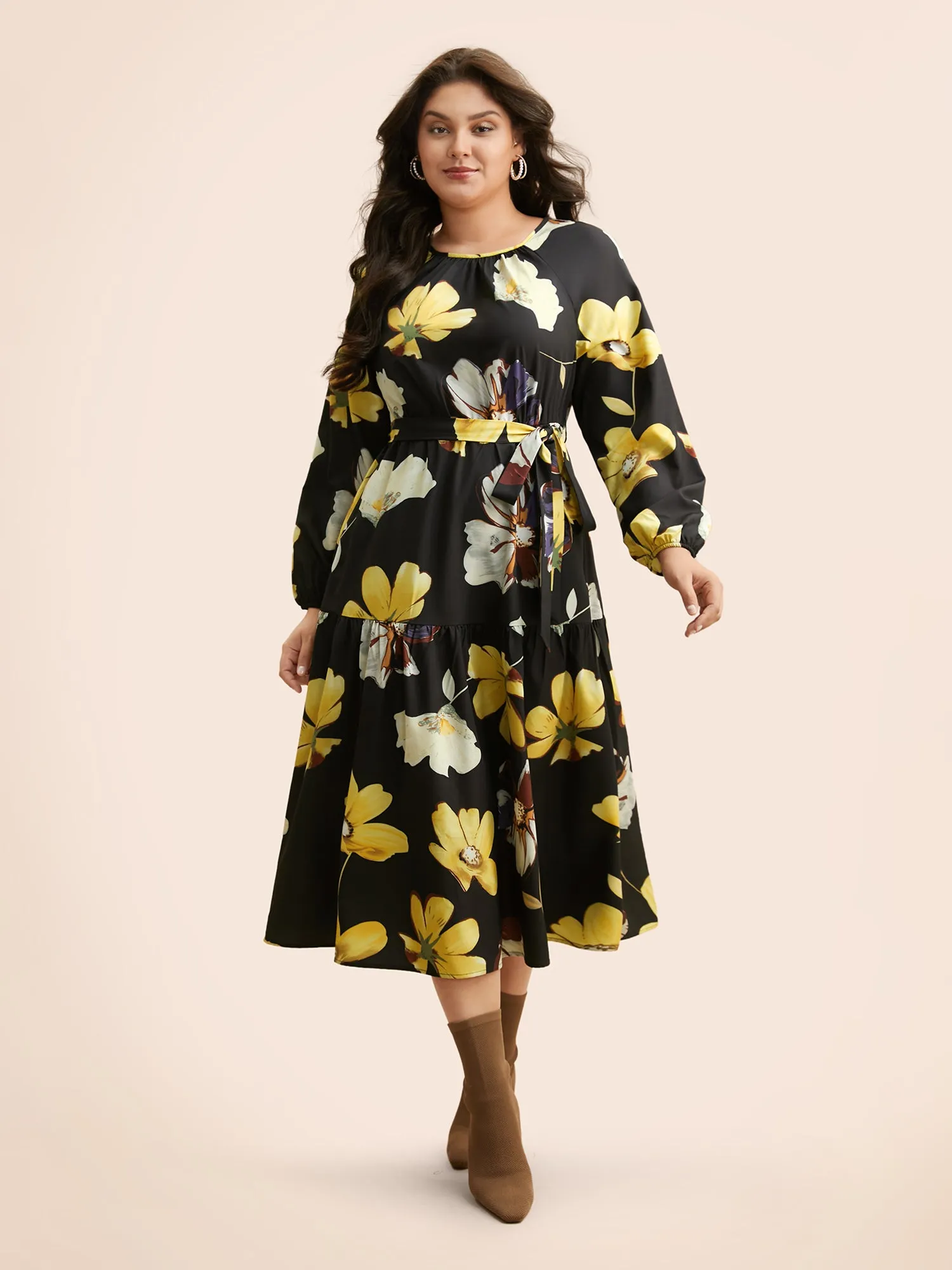 Floral Round Neck Gathered Belted Dress sold by Bloomchic