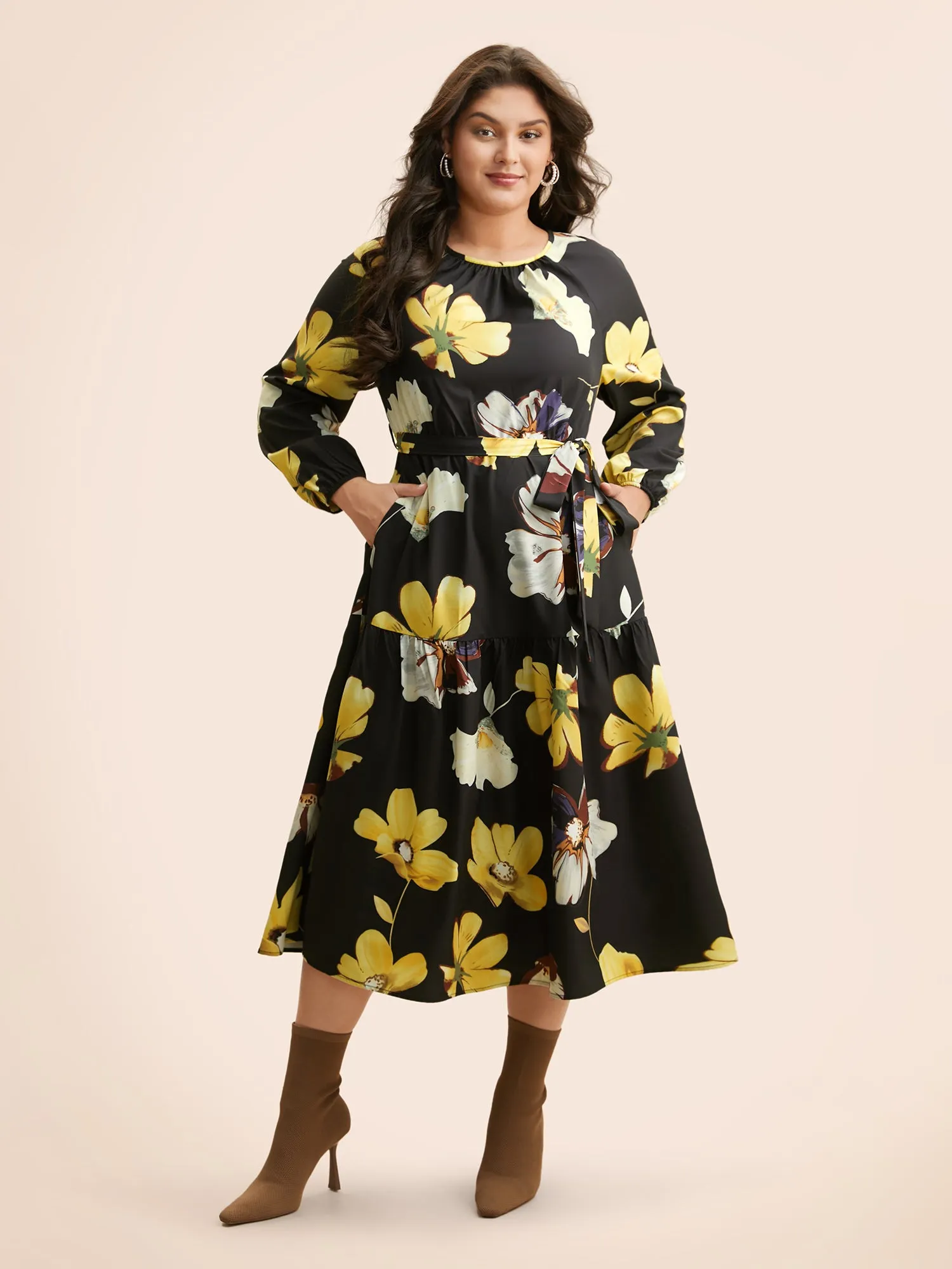 Floral Round Neck Gathered Belted Dress sold by Bloomchic product image thumbnail 2