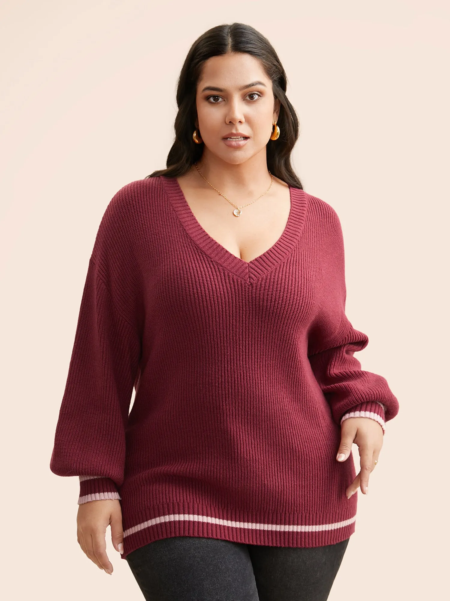 Supersoft Essentials V Neck Contrast Trim Pullover sold by Bloomchic