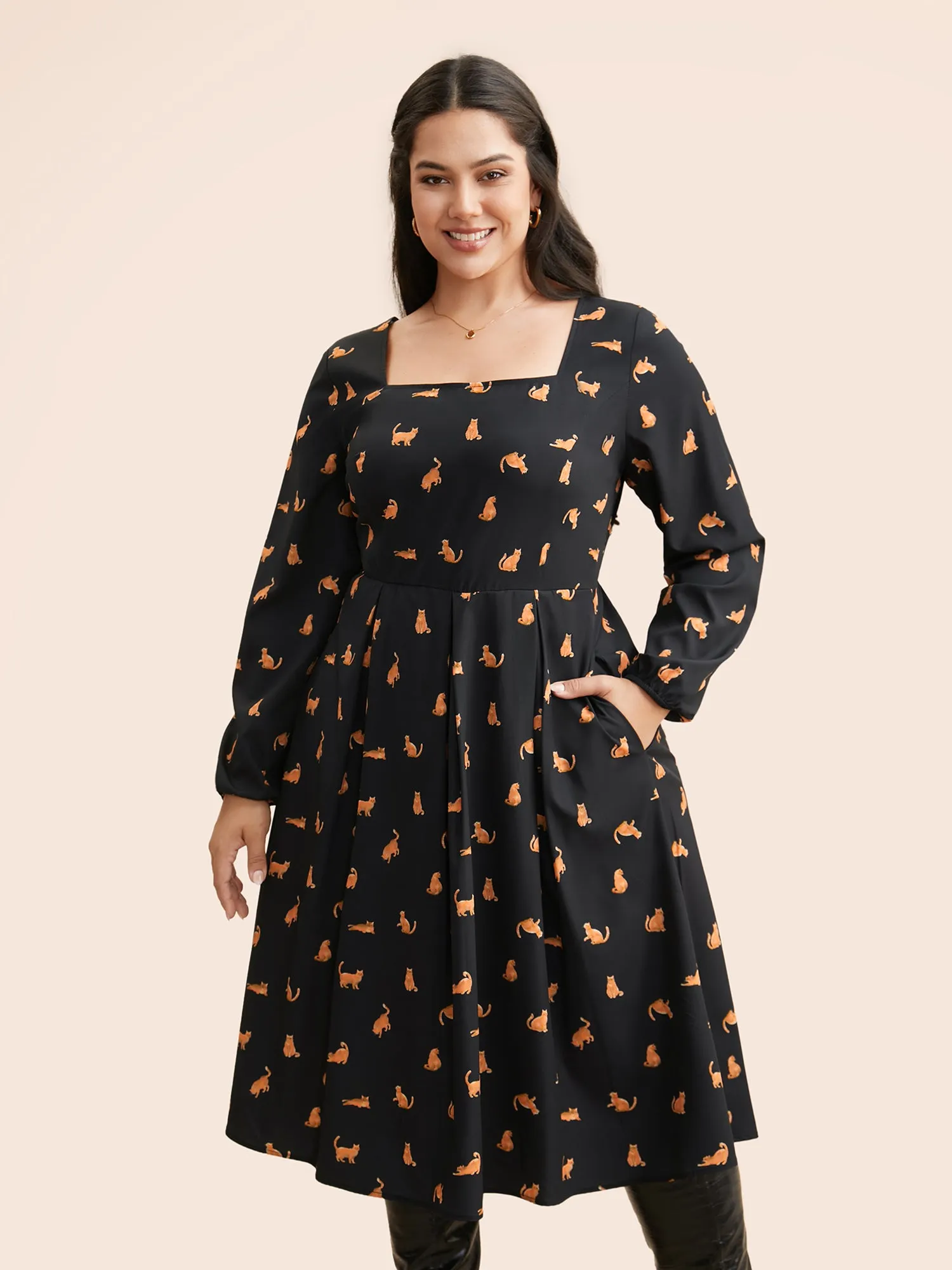 Square Neck Cat Print Pleated Dress sold by Bloomchic product image thumbnail 3
