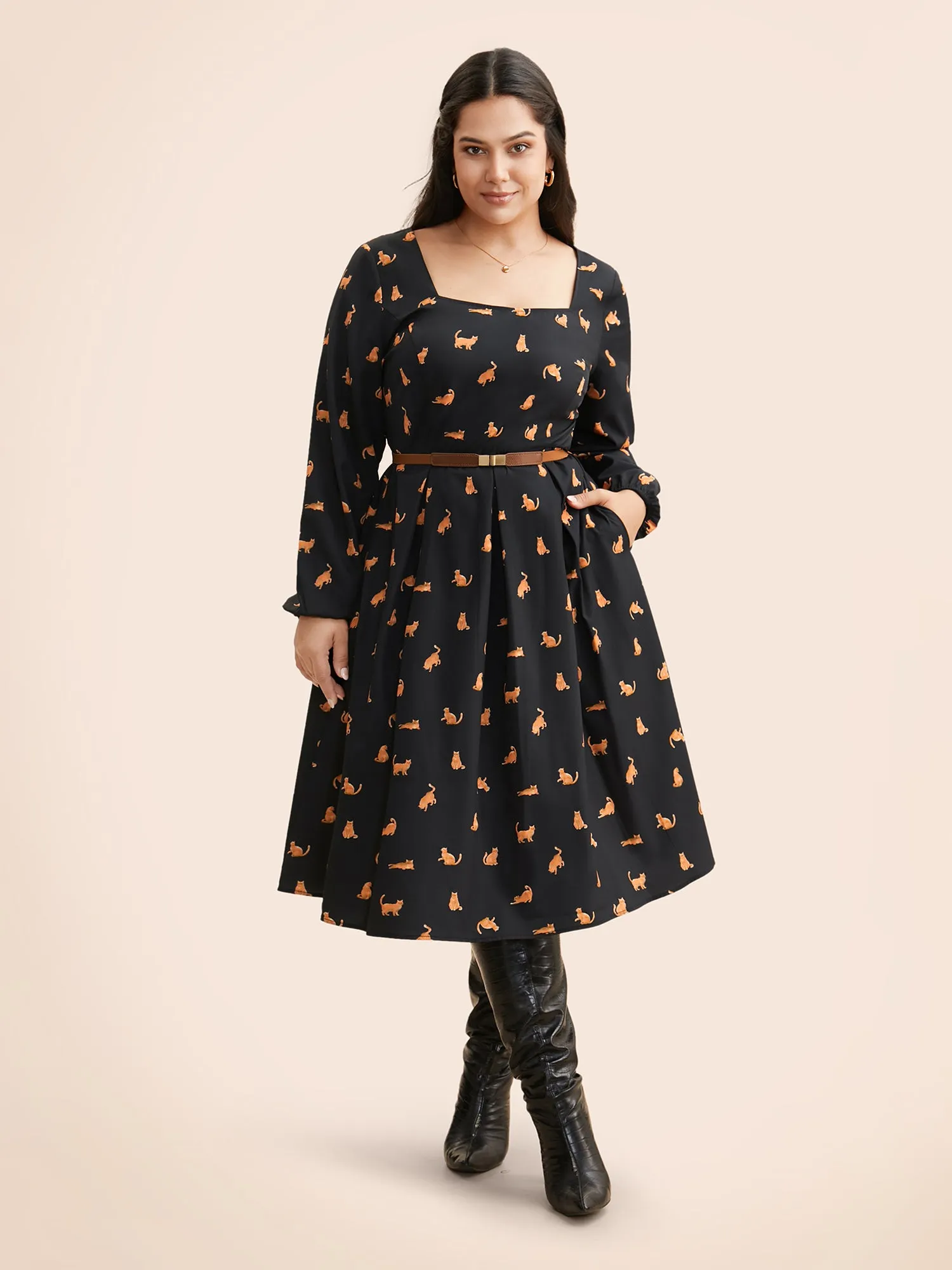 Square Neck Cat Print Pleated Dress sold by Bloomchic