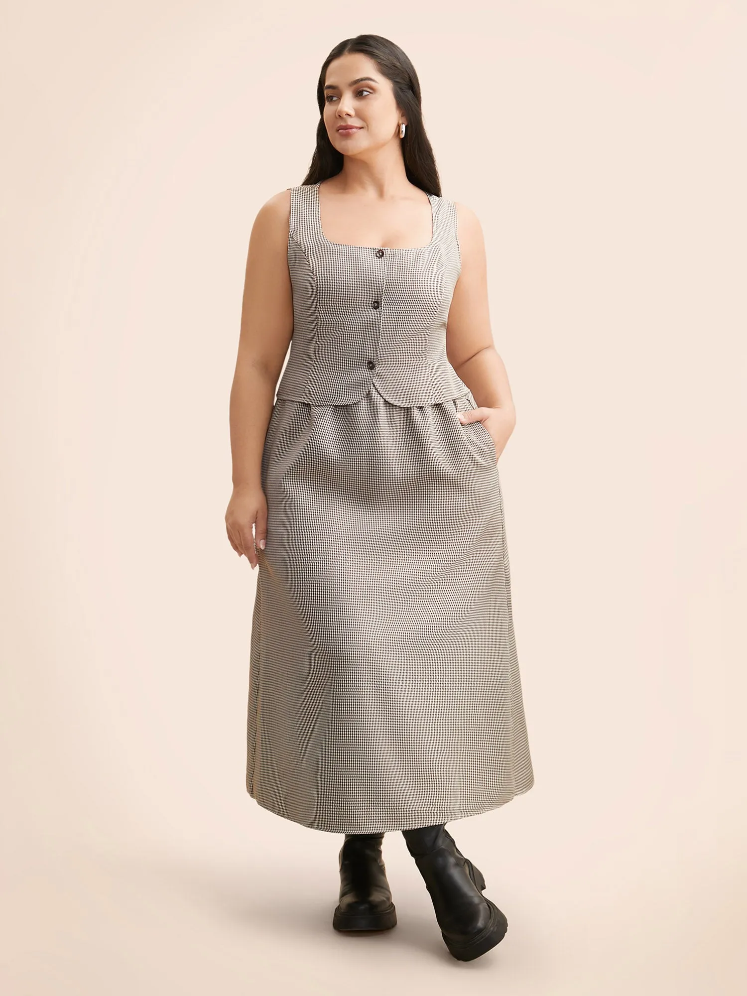 Square Neck Houndstooth Elastic Waist Dress sold by Bloomchic product image thumbnail 3