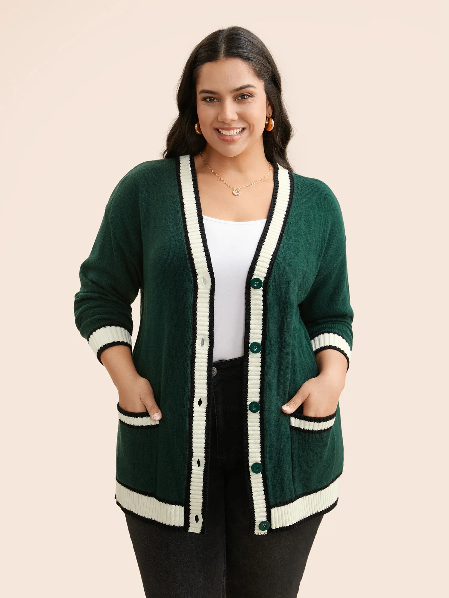 Contrast Trim Button Up Pocket Cardigan sold by Bloomchic