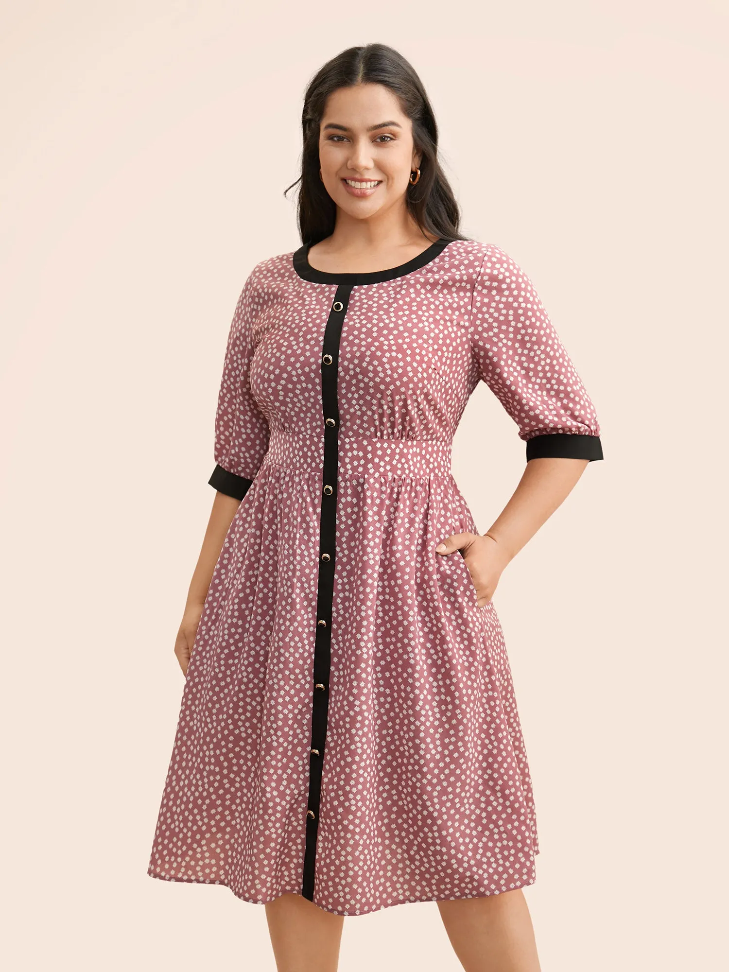 Ditsy Floral Contrast Trim Button Detail Dress sold by Bloomchic