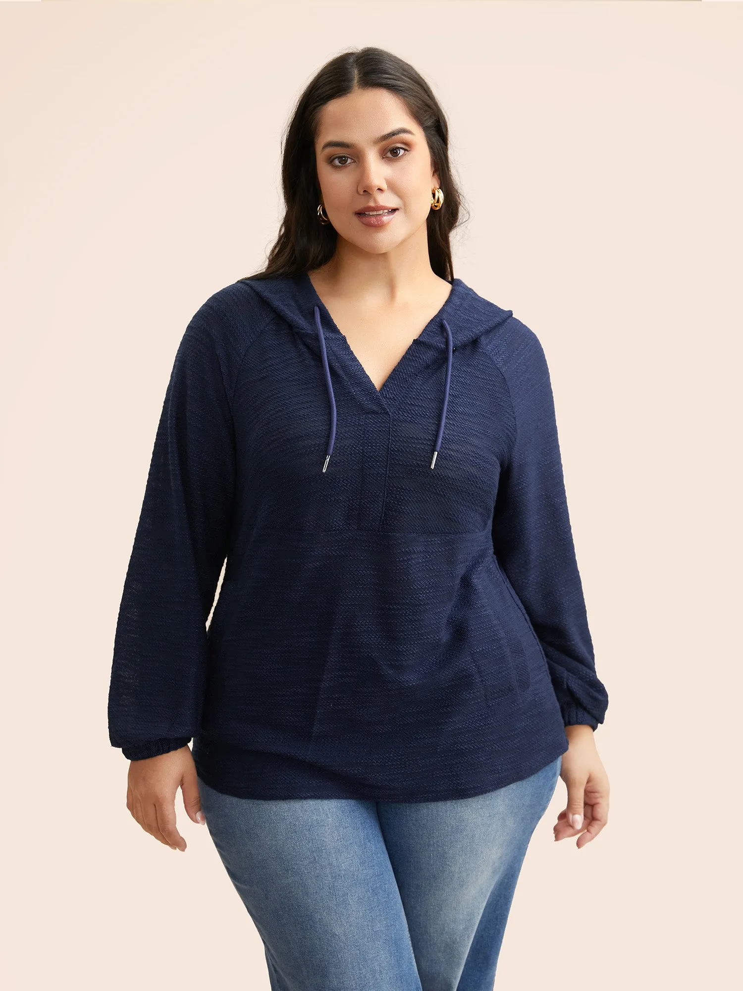 Texture Drawstring Pocket Hooded Sweatshirt sold by Bloomchic