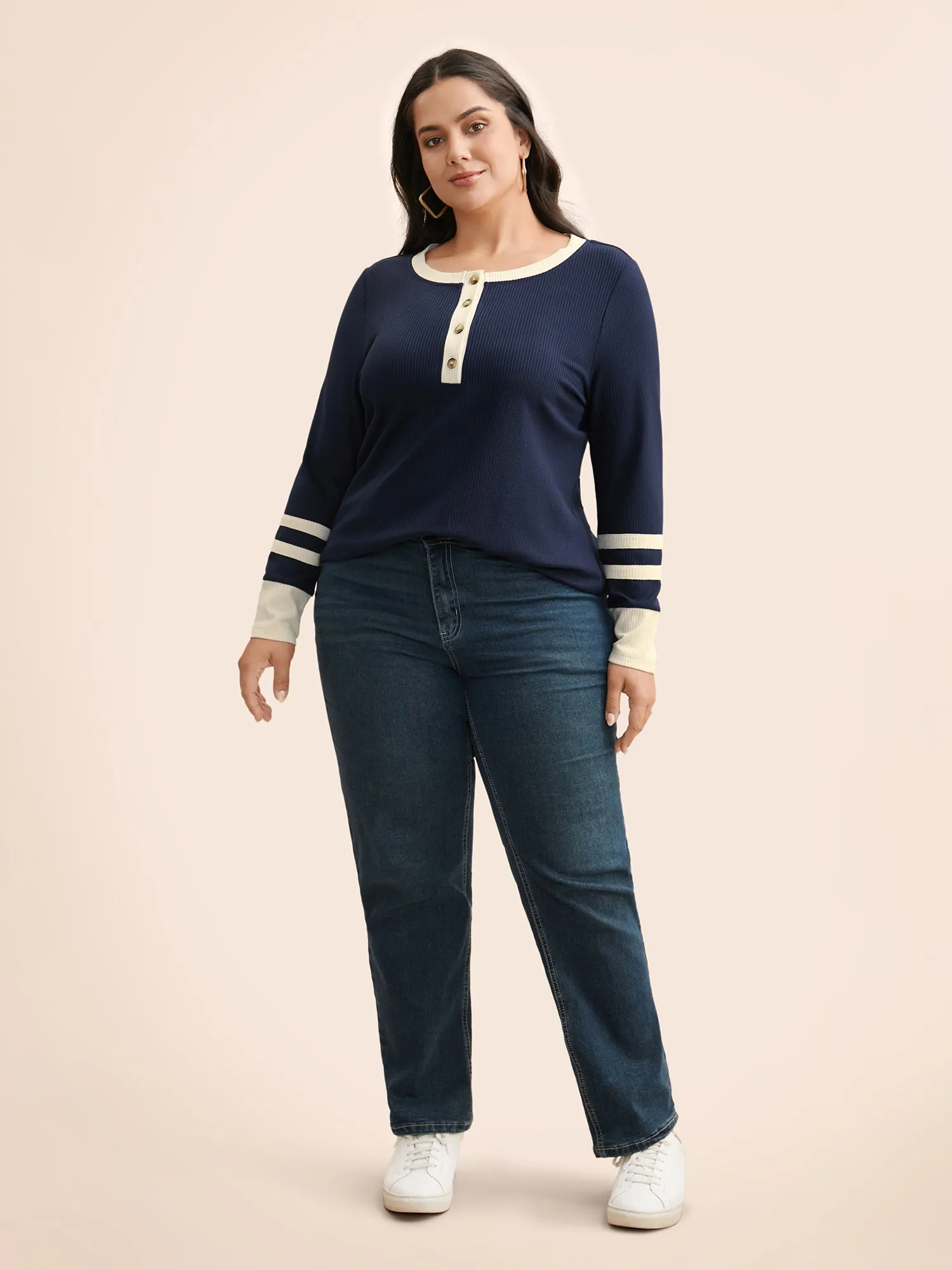 Contrast Patchwork Texture Button Up T-shirt sold by Bloomchic product image thumbnail 2