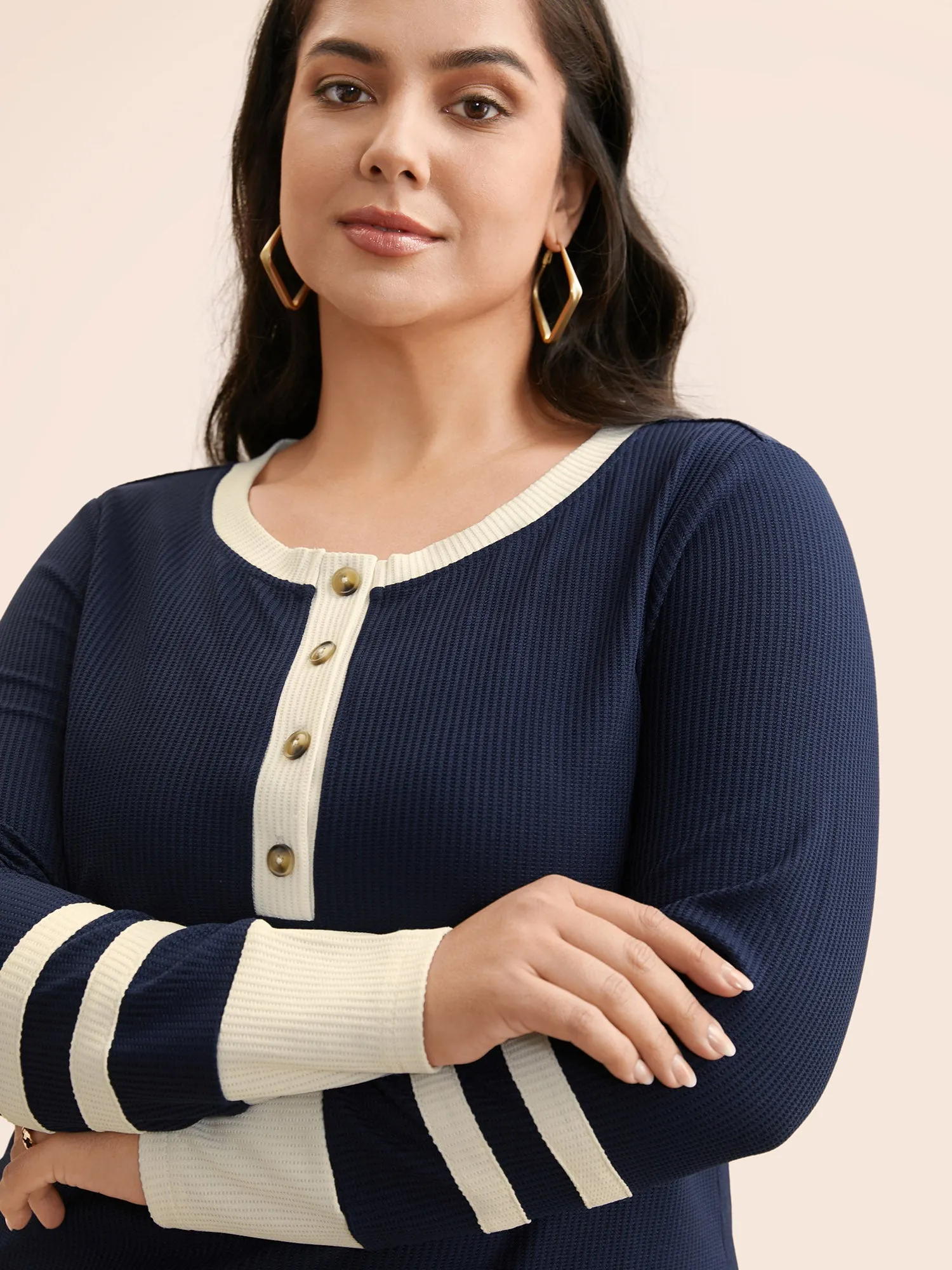 Contrast Patchwork Texture Button Up T-shirt sold by Bloomchic product image thumbnail 3