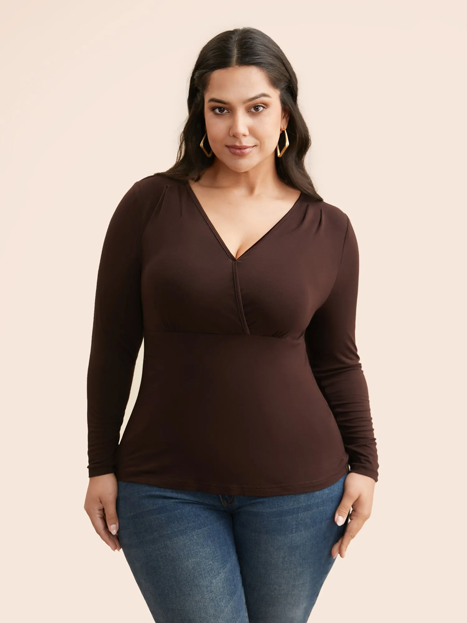 Plain Overlap Collar Pleated T-shirt sold by Bloomchic