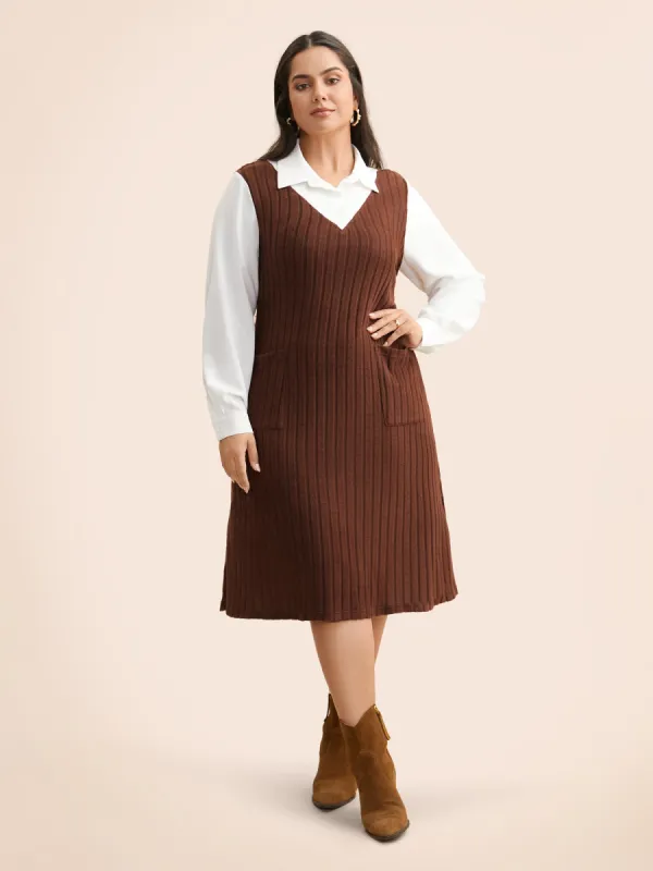 Shirt Collar Rib Knit Patchwork Dress sold by Bloomchic