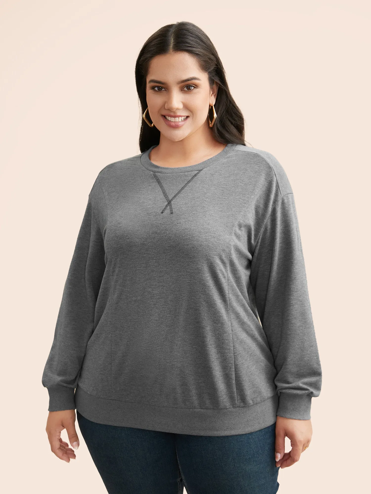 Round Neck Stitch Slightly Stretchy Sweatshirt sold by Bloomchic
