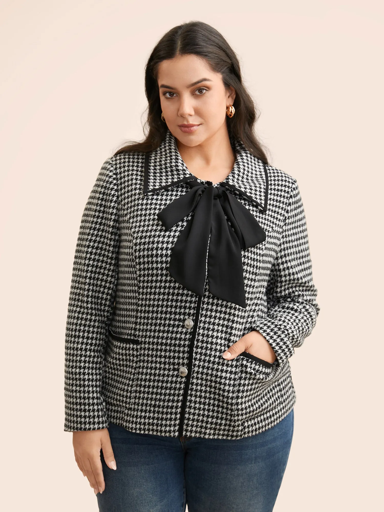 Houndstooth Tie Knot Woven Ribbon Jacket sold by Bloomchic