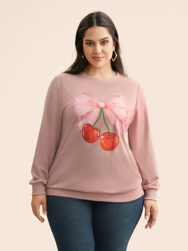 Crew Neck Bowknot Cherry Print Sweatshirt sold by Bloomchic