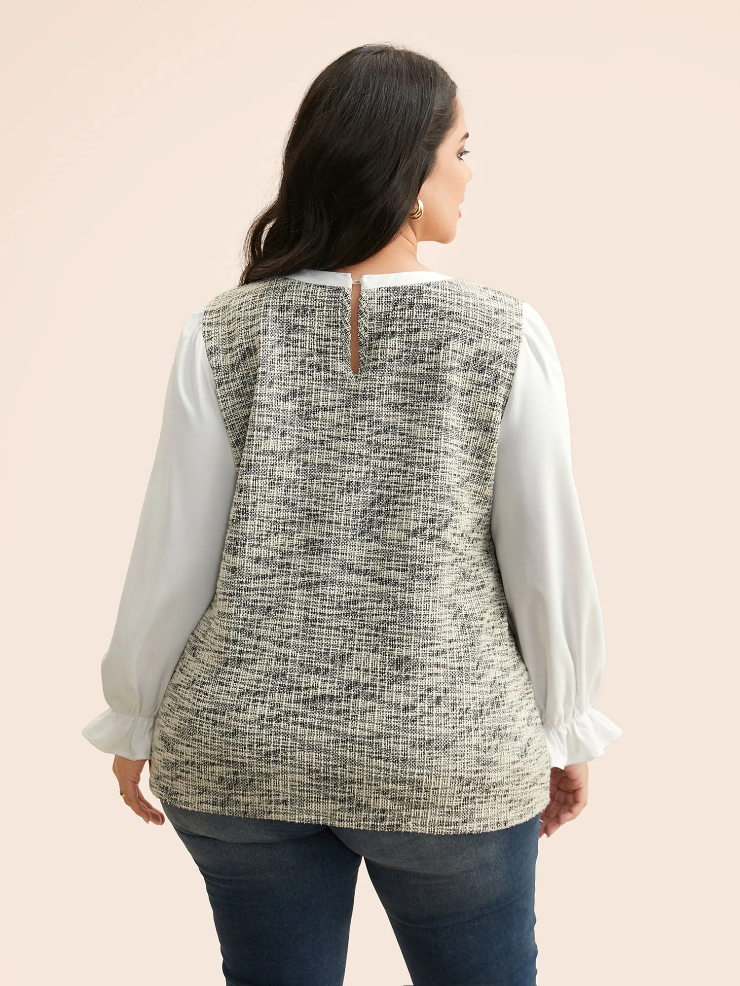 Tweed Patchwork Gathered Lantern Sleeve Blouse sold by Bloomchic product image thumbnail 4