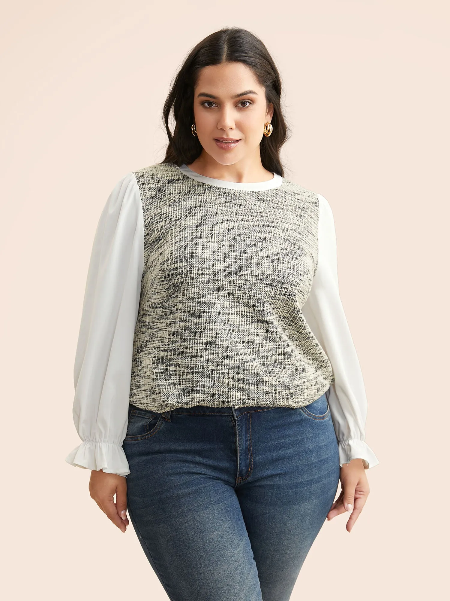 Tweed Patchwork Gathered Lantern Sleeve Blouse sold by Bloomchic product image thumbnail 3