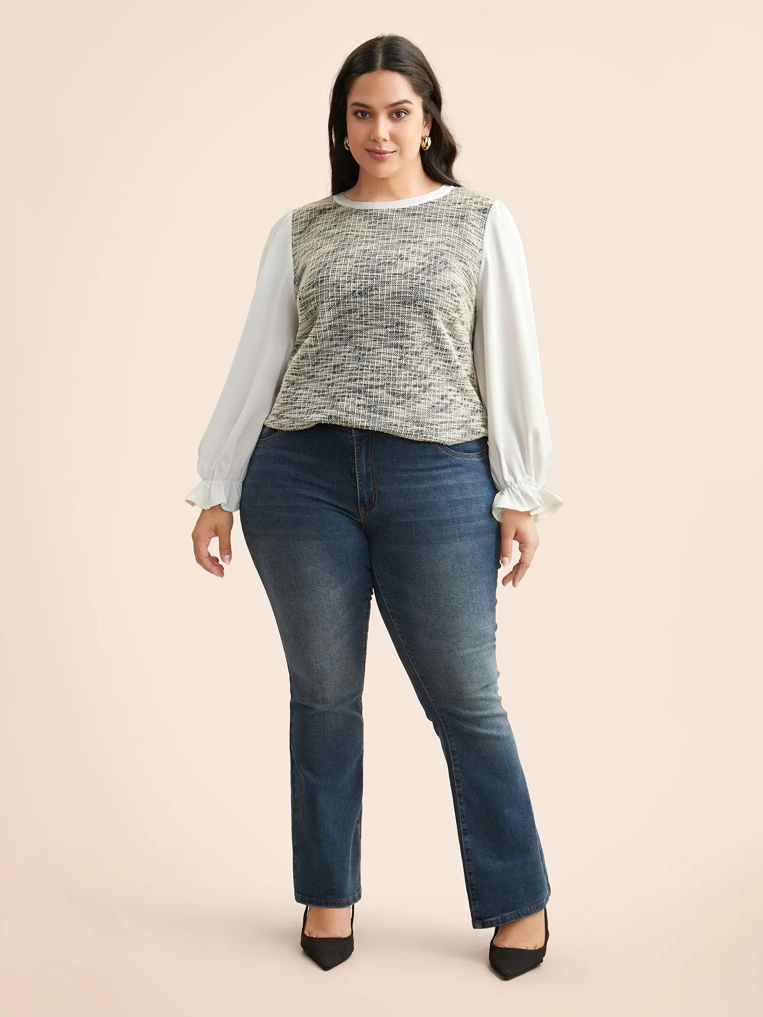 Tweed Patchwork Gathered Lantern Sleeve Blouse sold by Bloomchic product image thumbnail 2