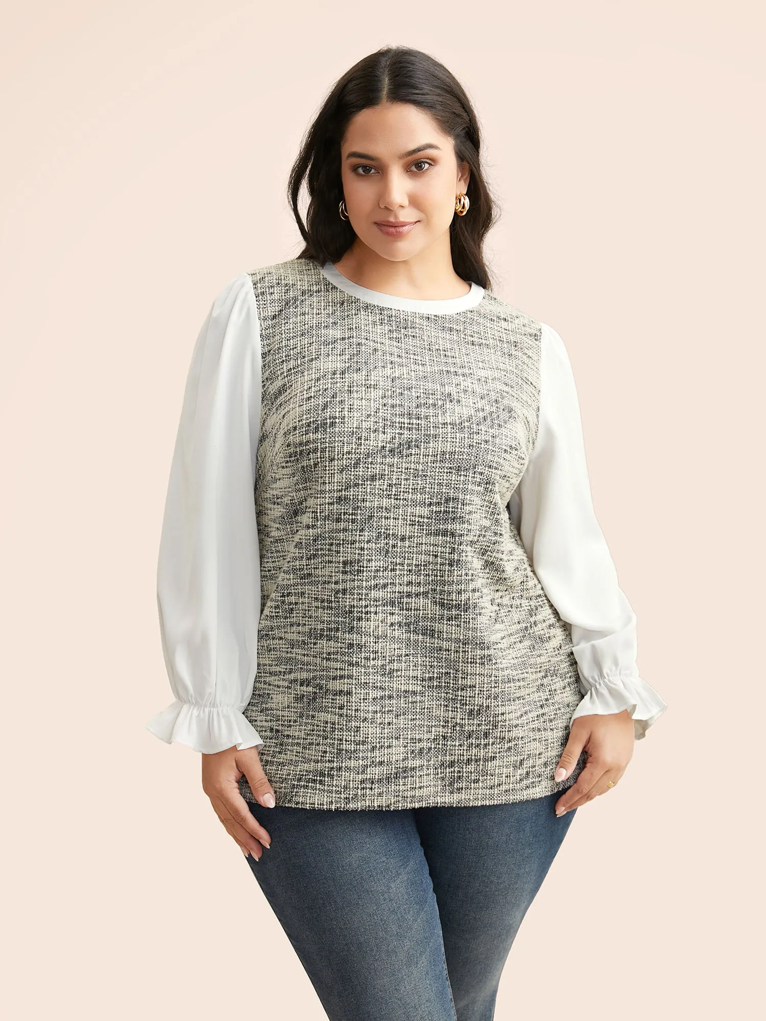 Tweed Patchwork Gathered Lantern Sleeve Blouse sold by Bloomchic