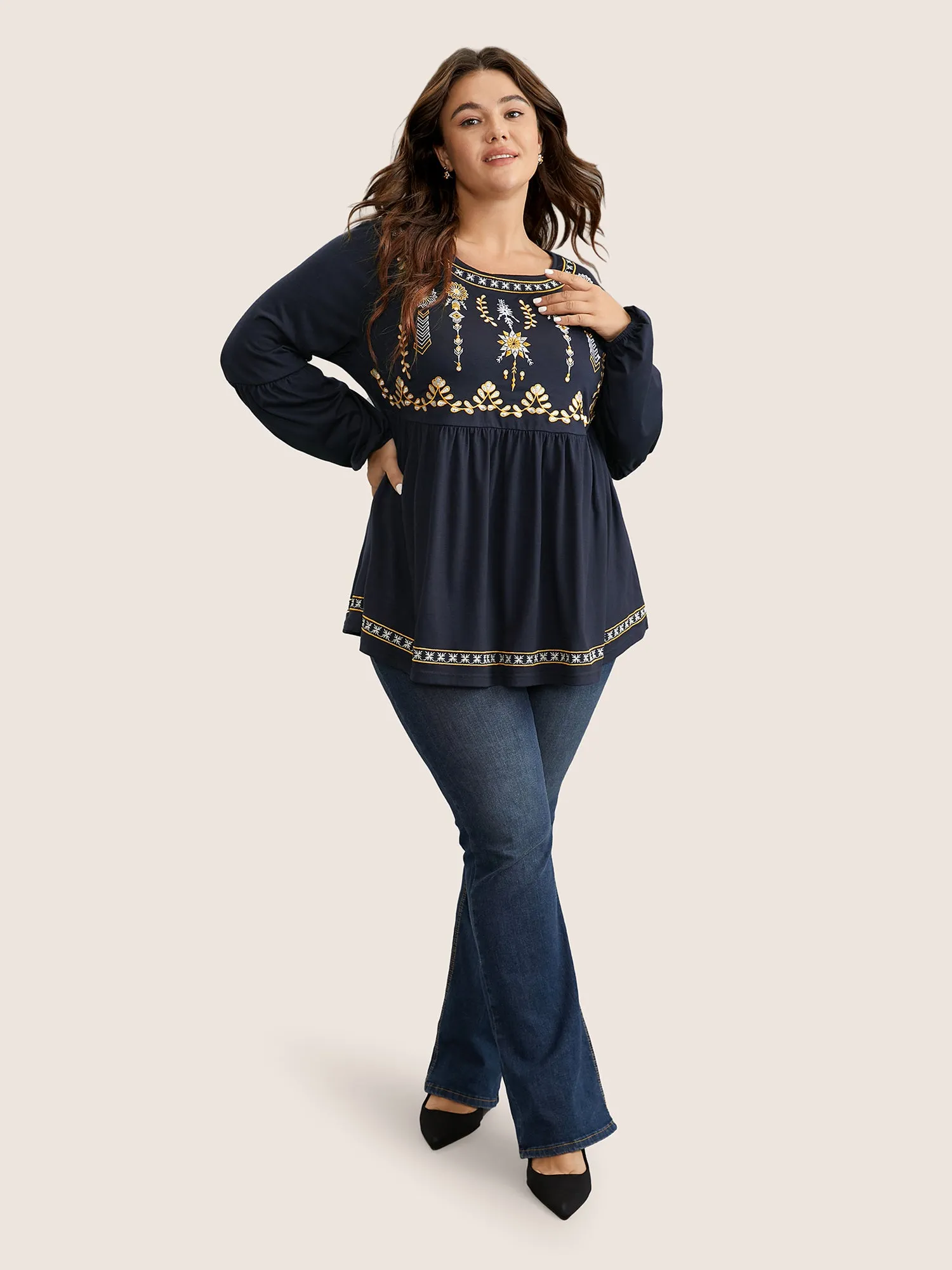 Bandana Embroidered Round Neck Lantern Sleeve T-shirt sold by Bloomchic product image thumbnail 4