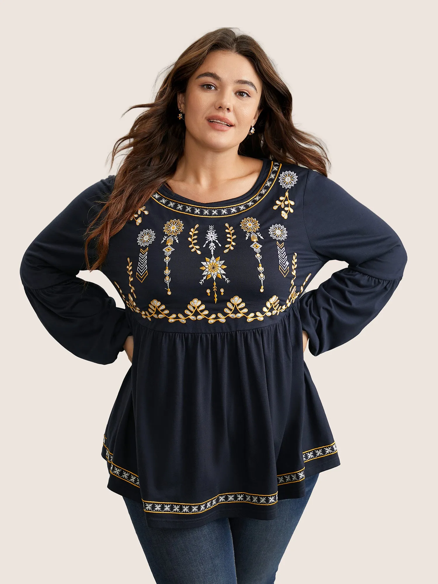 Bandana Embroidered Round Neck Lantern Sleeve T-shirt sold by Bloomchic