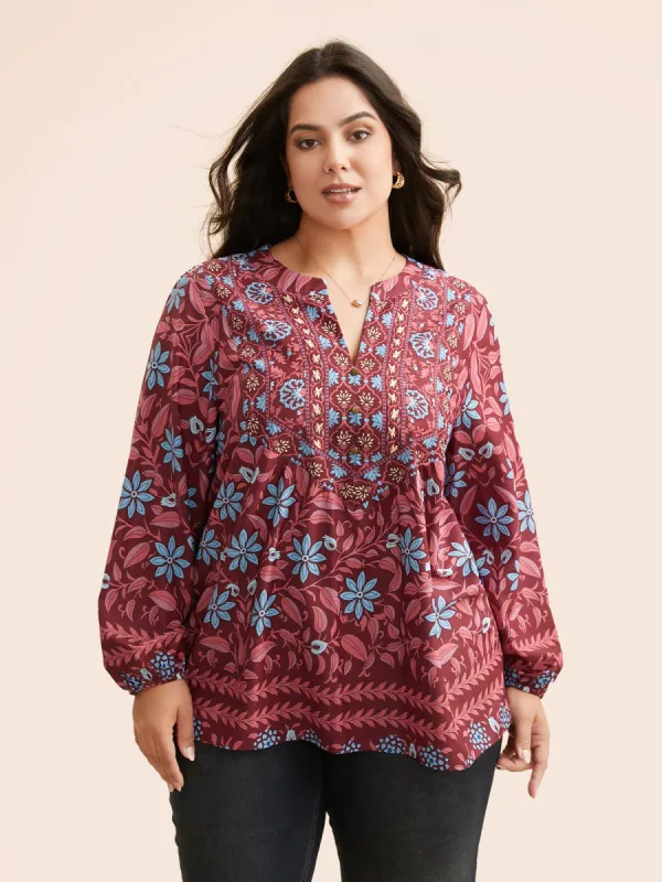 Notched Boho Print Lantern Sleeve Blouse sold by Bloomchic