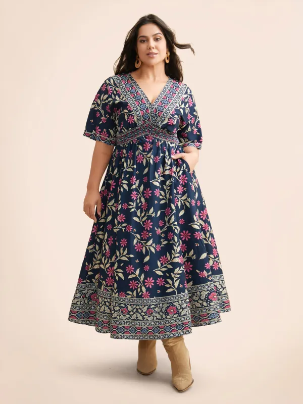 Boho Print Overlap Collar Shirred Dress sold by Bloomchic