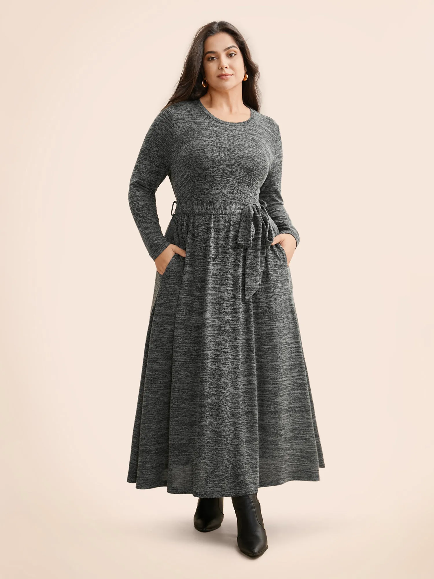 Round Neck Heather Belted Dress sold by Bloomchic