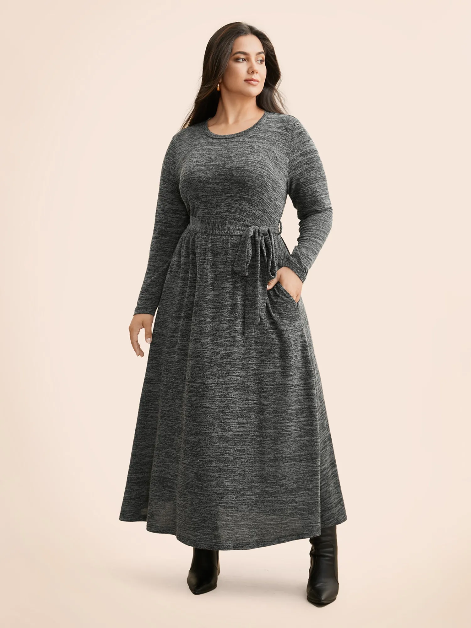 Round Neck Heather Belted Dress sold by Bloomchic product image thumbnail 3