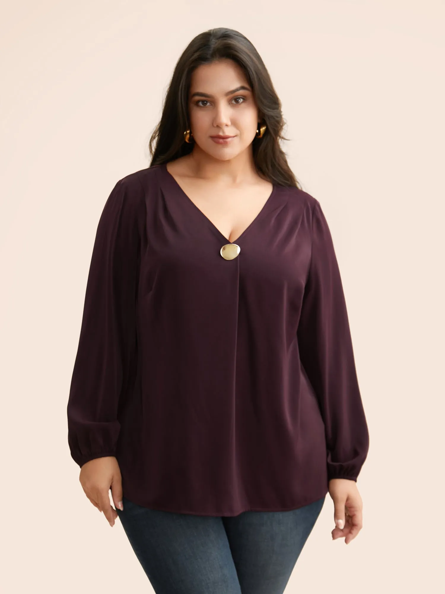 V Neck Pleated Metal Detail Blouse sold by Bloomchic
