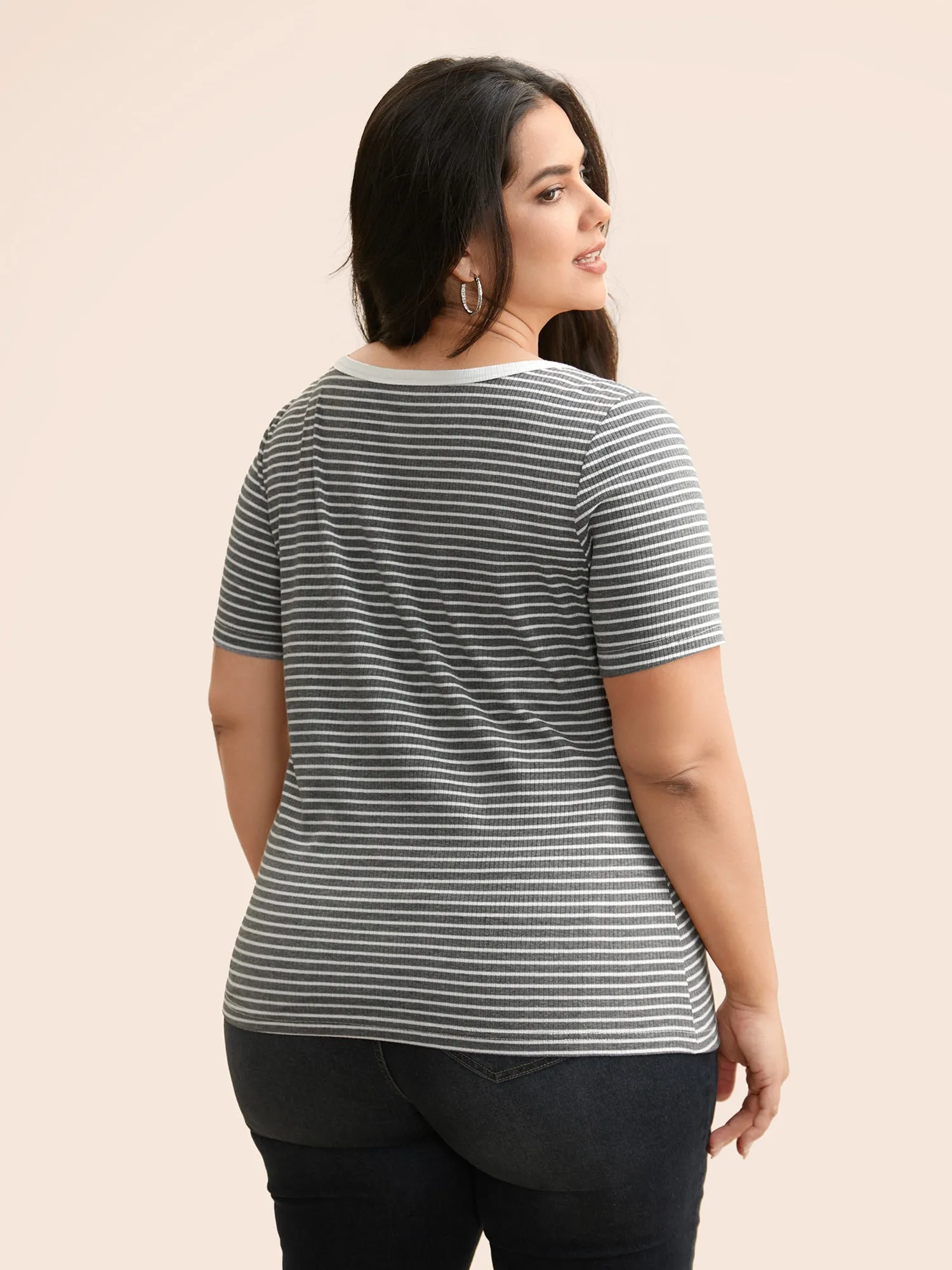 U Neck Striped Button Detail T-shirt sold by Bloomchic product image thumbnail 4