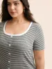 U Neck Striped Button Detail T-shirt sold by Bloomchic