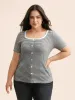 U Neck Striped Button Detail T-shirt sold by Bloomchic
