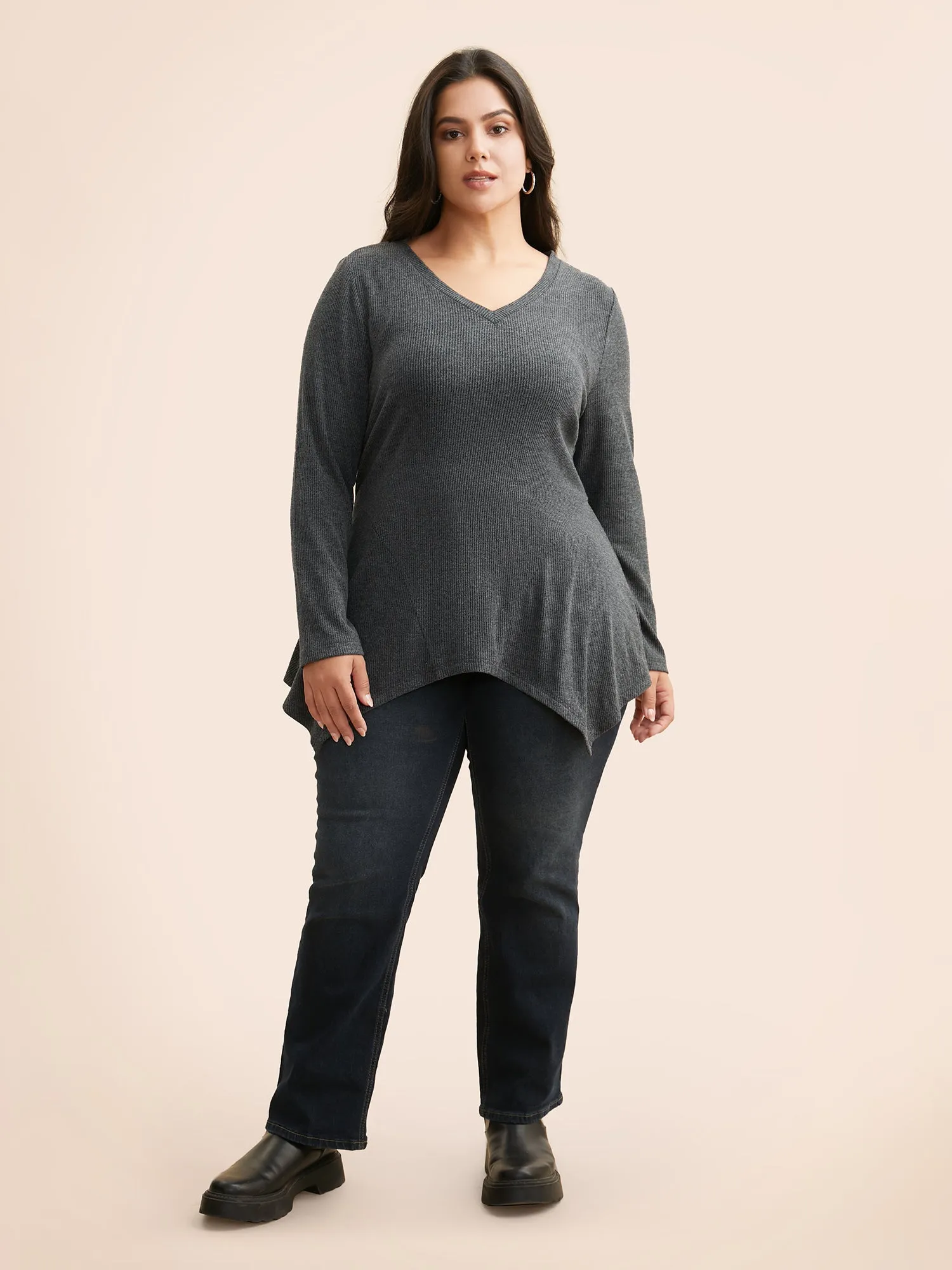 Solid V Neck Asymmetrical Hem T-shirt sold by Bloomchic product image thumbnail 2